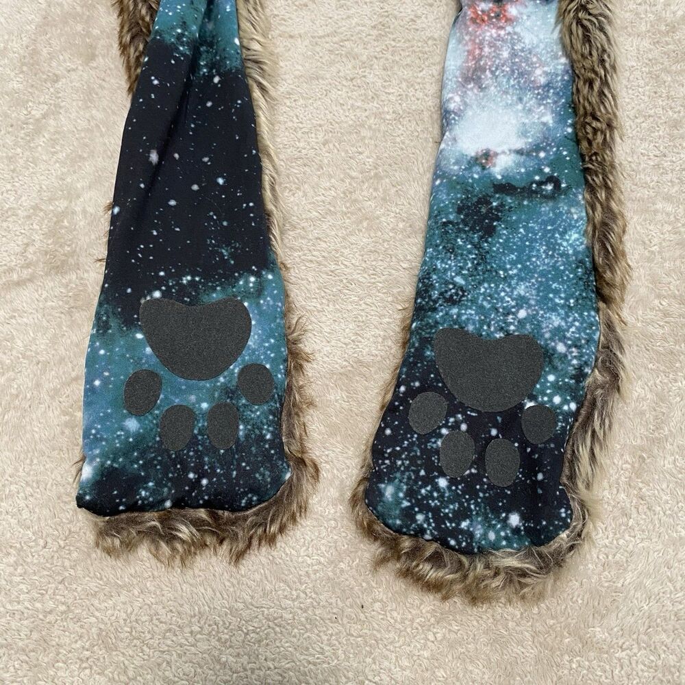 Wolf Faux Fur Animal Hood Hat One Size 3-in-1 Scarf Mittens Paws Rave Festival - Picture 9 of 12